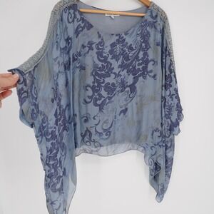 Tempo Paris Blouse Womens M Blue Silk Viscose Kimono Crochet Lined Sheer Floral